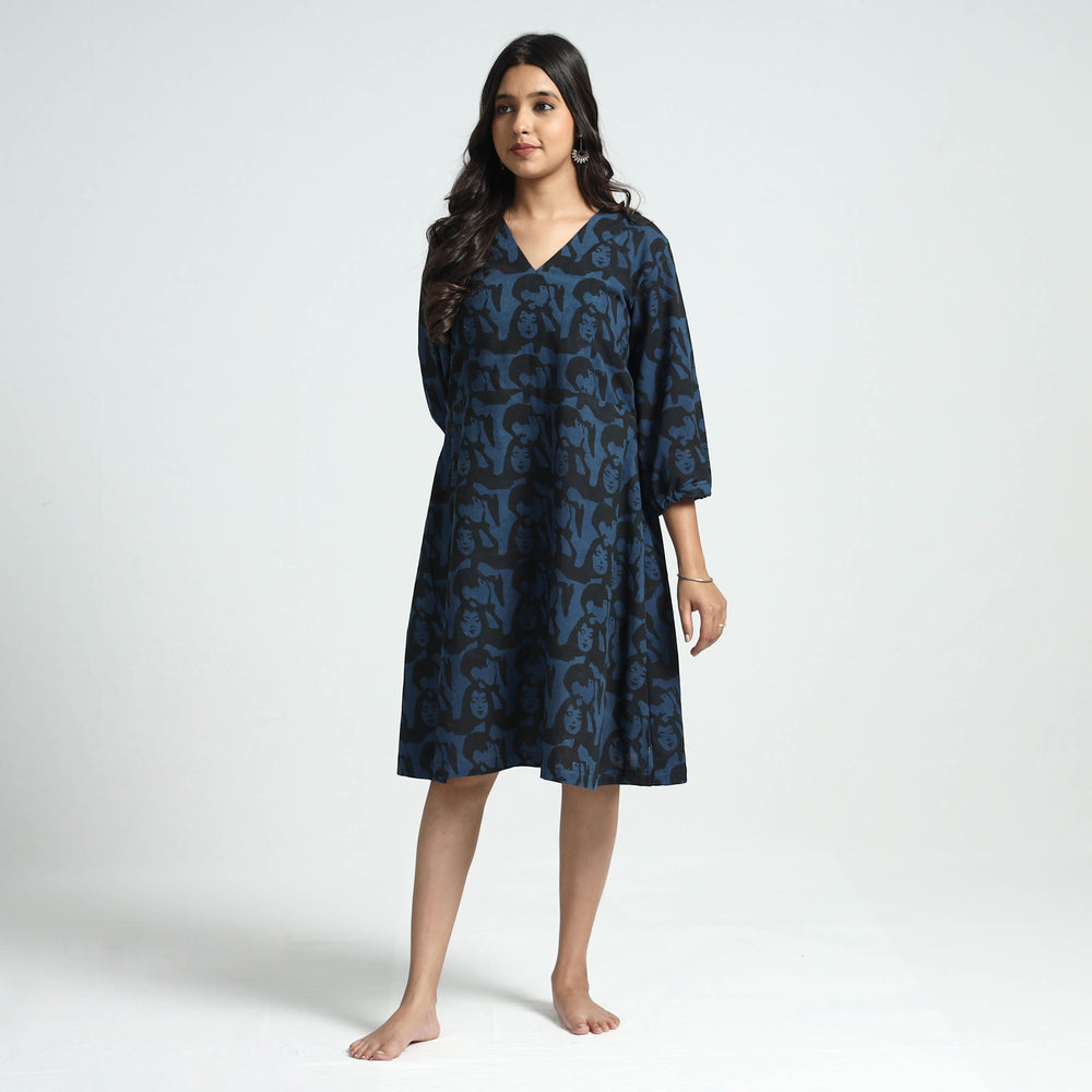 Black & Blue - Bindaas Art Block Printed Cotton Dress