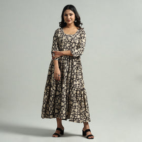 Black - Kalamkari Printed Tiered Cotton Dress