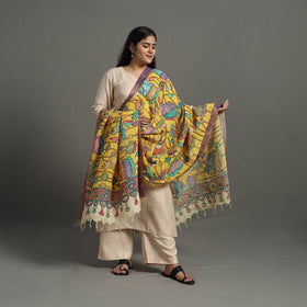 Yellow Chanderi Silk Srikalahasti Handpainted Pen Kalamkari Dupatta