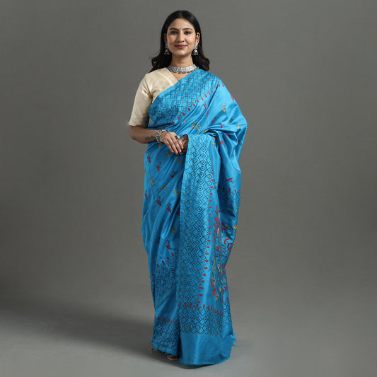 Blue - Bengal Nakshi Kantha Embroidery Silk Saree