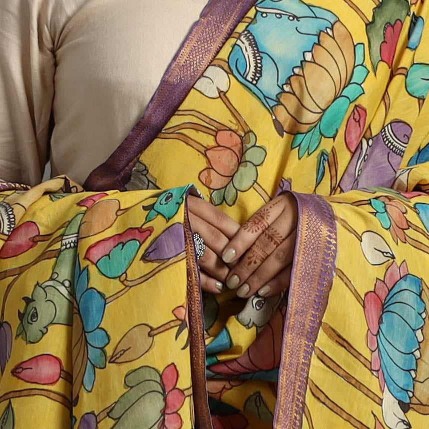 Yellow - Chanderi Silk Srikalahasti Handpainted Pen Kalamkari Dupatta 72