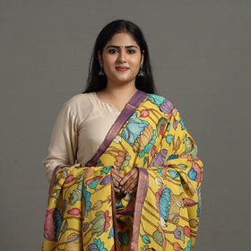 Yellow Chanderi Silk Srikalahasti Handpainted Pen Kalamkari Dupatta
