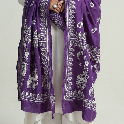 Purple - Bengal Kantha Embroidery Cotton Handloom Dupatta 92