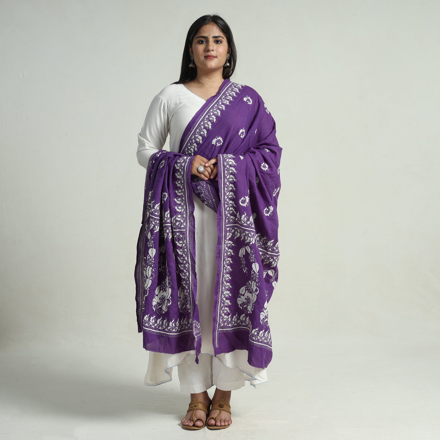 Purple - Bengal Kantha Embroidery Cotton Handloom Dupatta 92