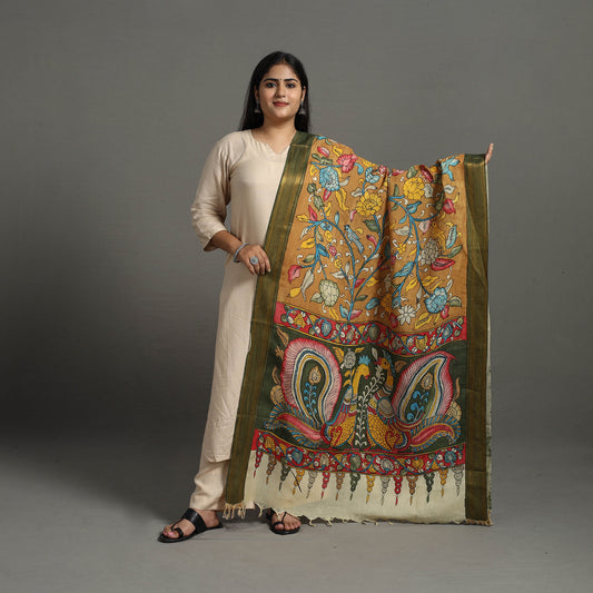 Brown - Chanderi Silk Srikalahasti Handpainted Pen Kalamkari Dupatta 73