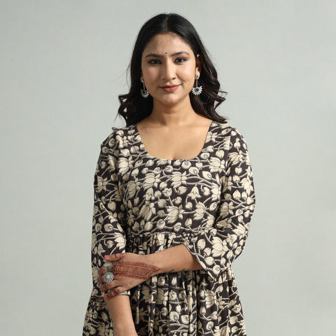 Black - Kalamkari Printed Tiered Cotton Dress