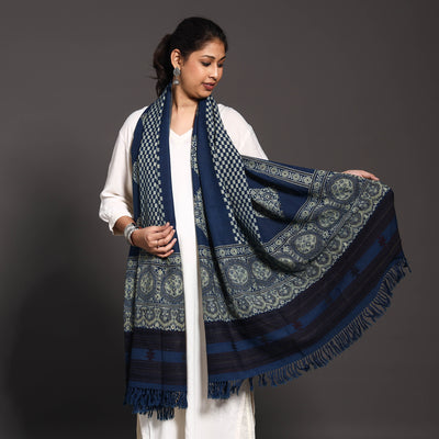 Blue - Kutch Traditional Ajrakh Block Printed Handwoven Pure Woolen Shawl