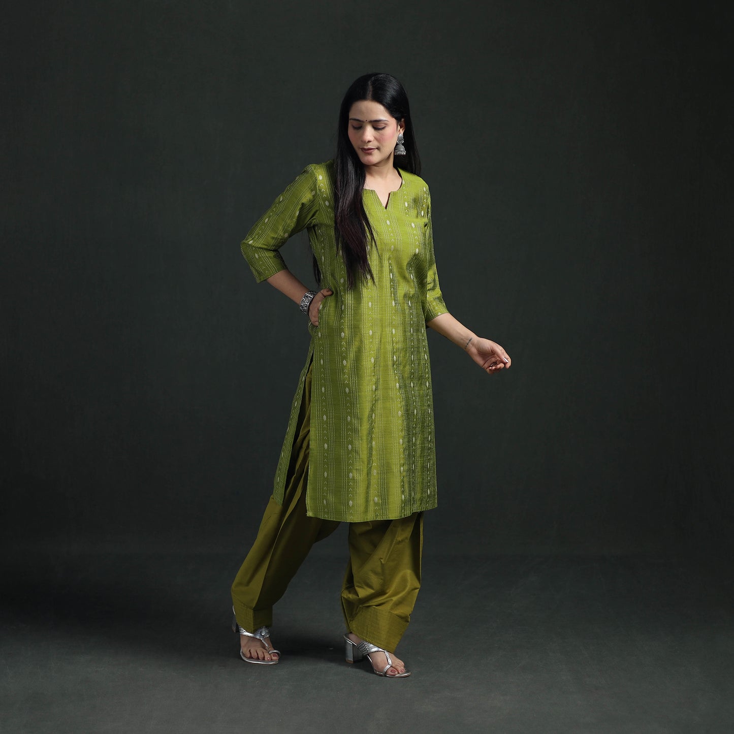 Spun Dupion Viscose Silk Thread Buti Straight Kurta with Salwar Set for women 10