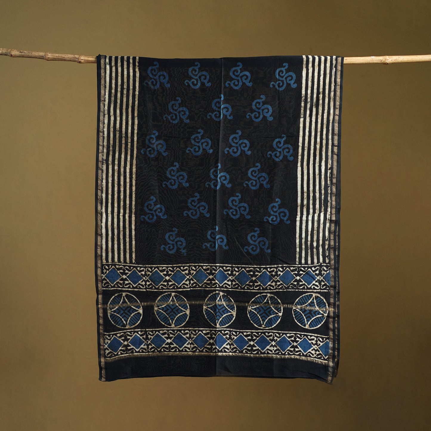 Black - Pipad Hand Block Print Natural Dyed Chanderi Silk Handloom Dupatta 32