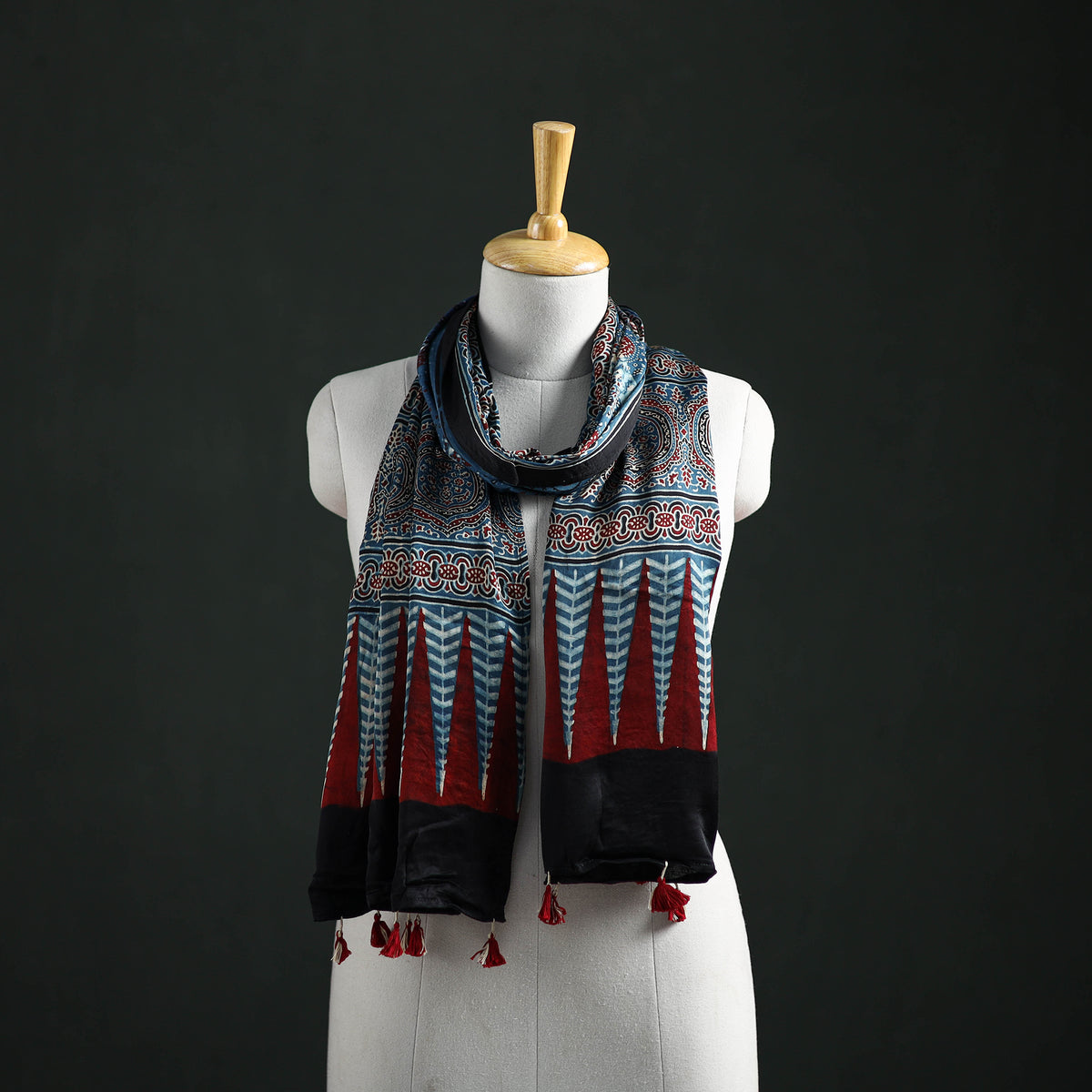 Modal Silk Ajrakh Hand Block Print Natural Dyed Stole 16
