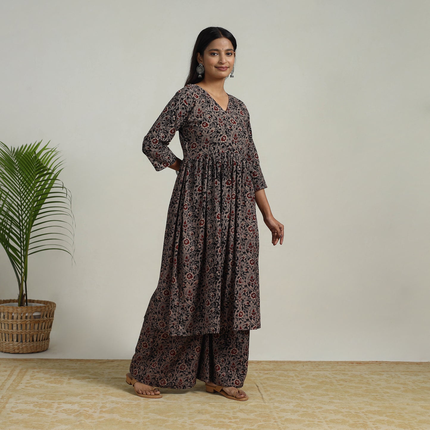 Black - Flared Cotton Block Print Kalamkari Kurta Set 18