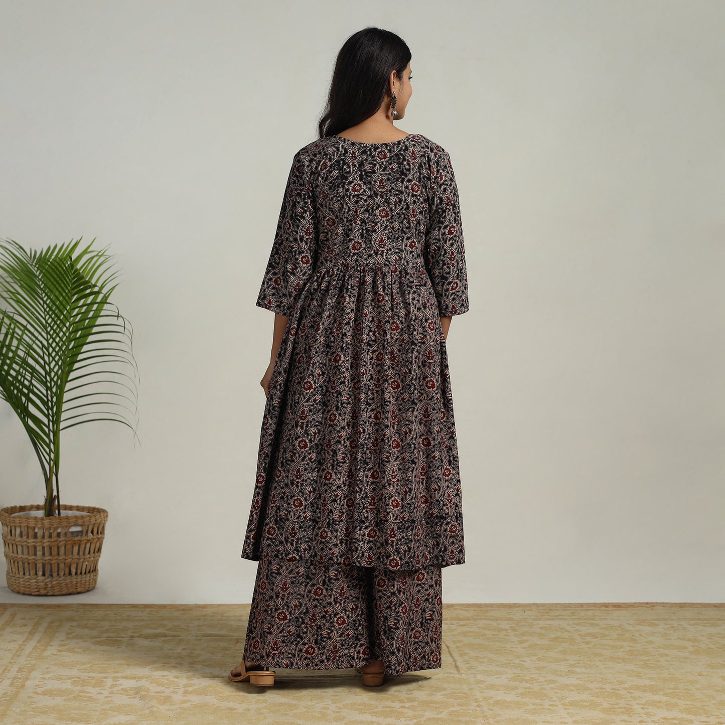 Black - Flared Cotton Block Print Kalamkari Kurta Set 18