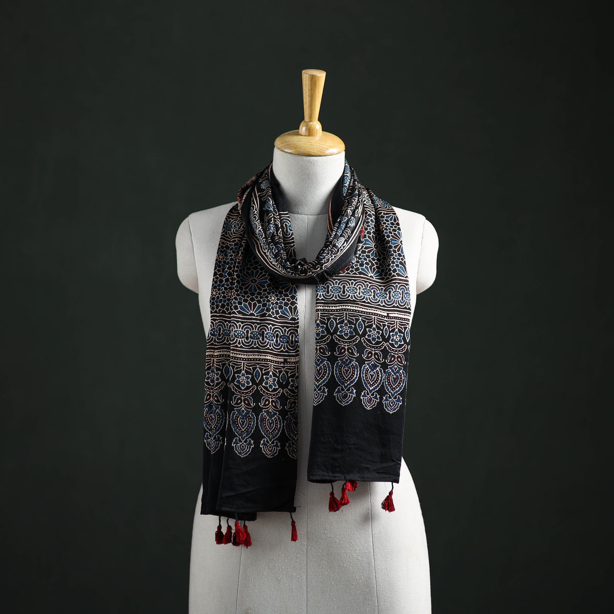 Modal Silk Ajrakh Hand Block Print Natural Dyed Stole 17