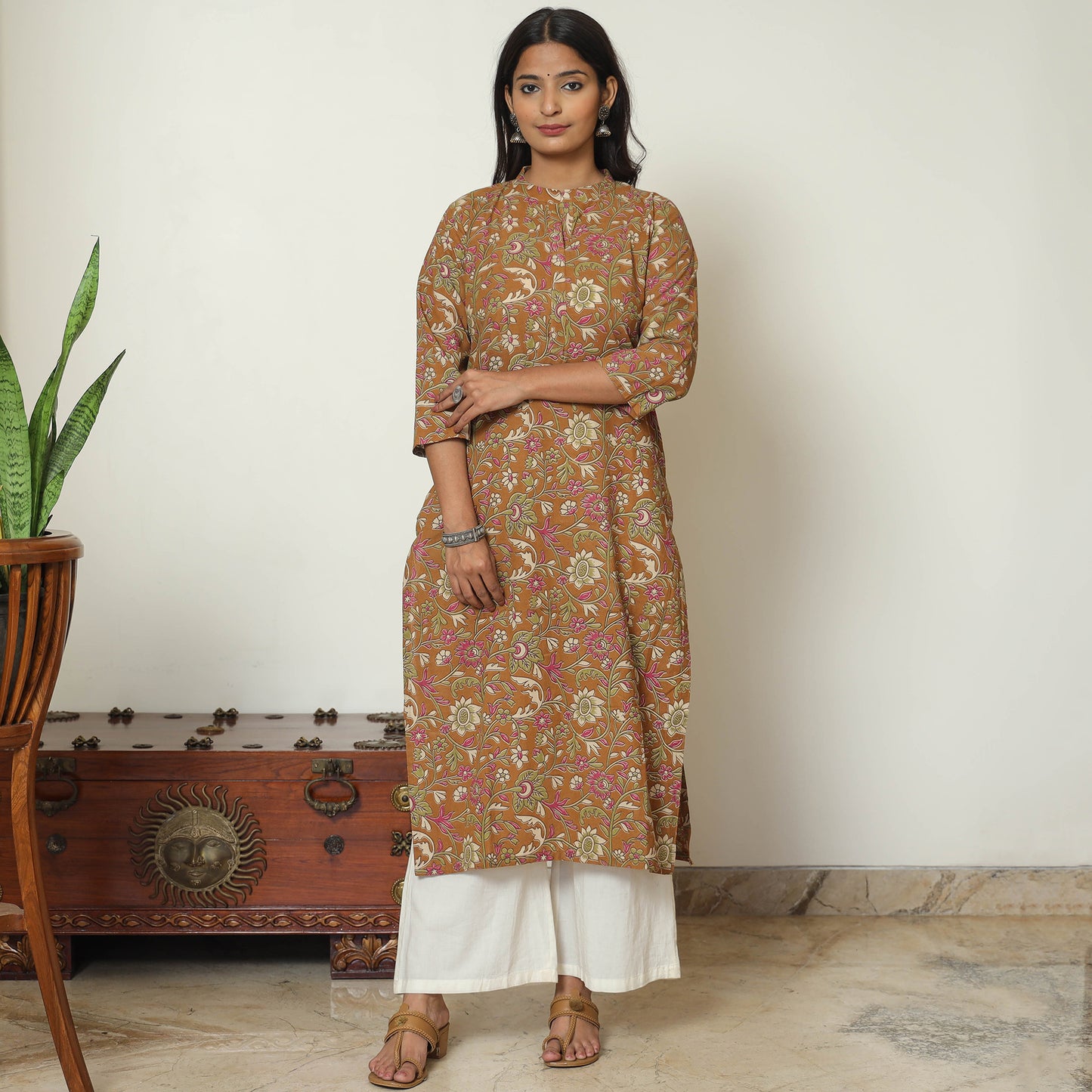 Brown - Kalamkari Printed Cotton Straight Kurta 16