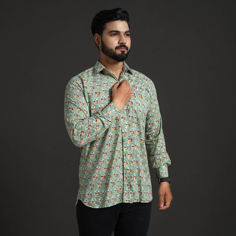 Green - Sanganeri Block Printed Cotton Men Full Sleeve Shirt 09