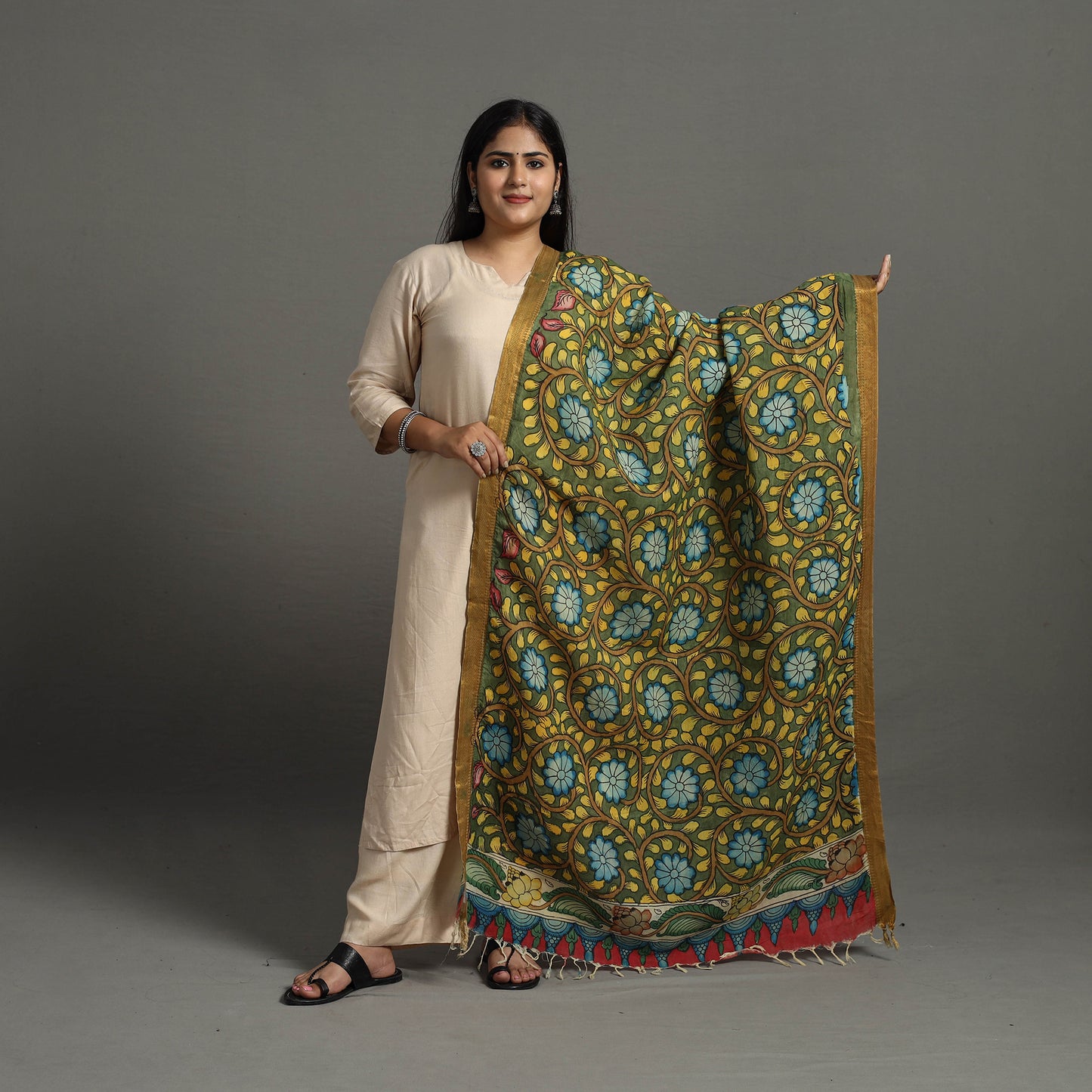 Green - Chanderi Silk Srikalahasti Handpainted Pen Kalamkari Dupatta 74