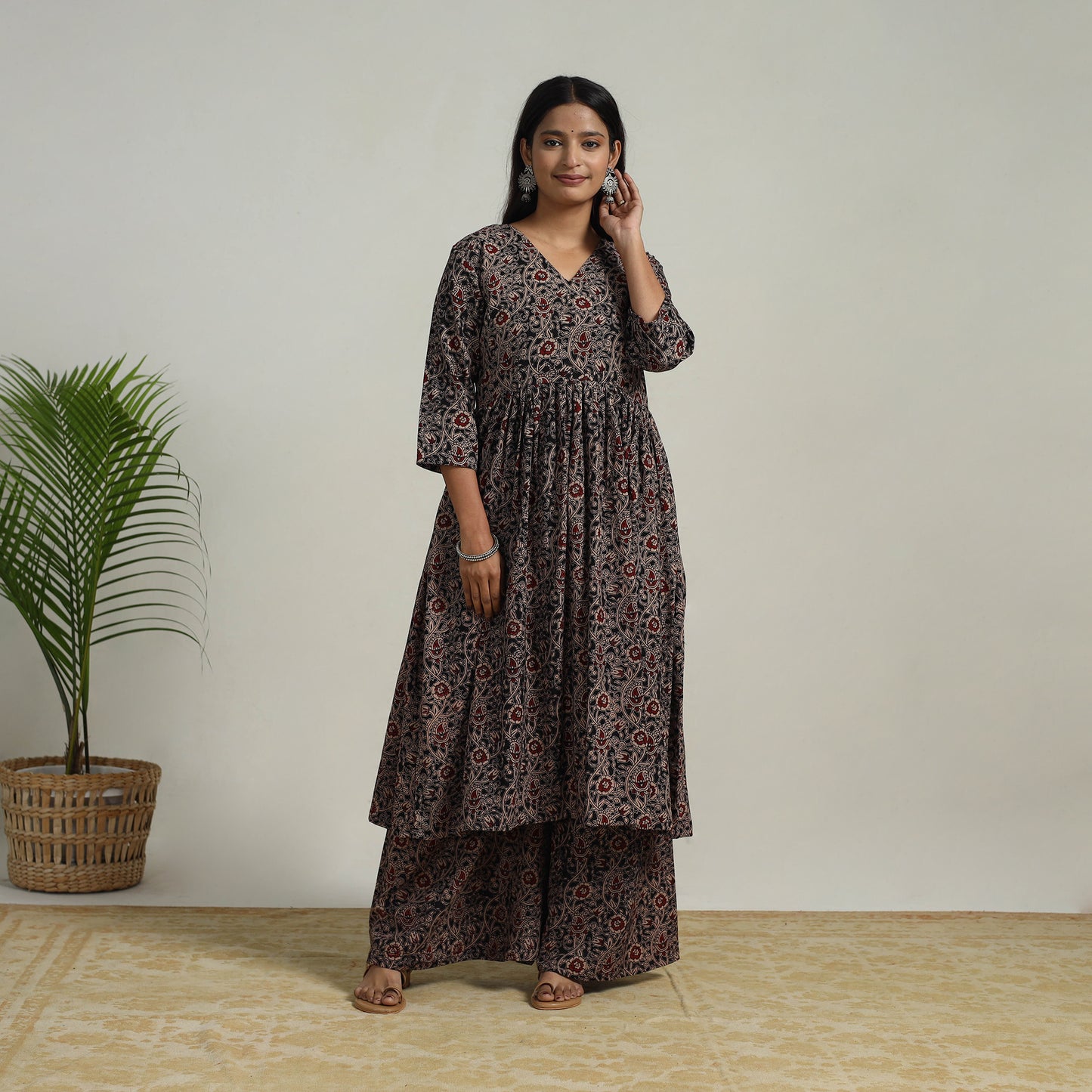 Black - Flared Cotton Block Print Kalamkari Kurta Set 18