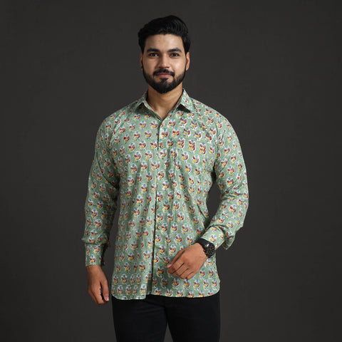 Green - Sanganeri Block Printed Cotton Men Full Sleeve Shirt 09