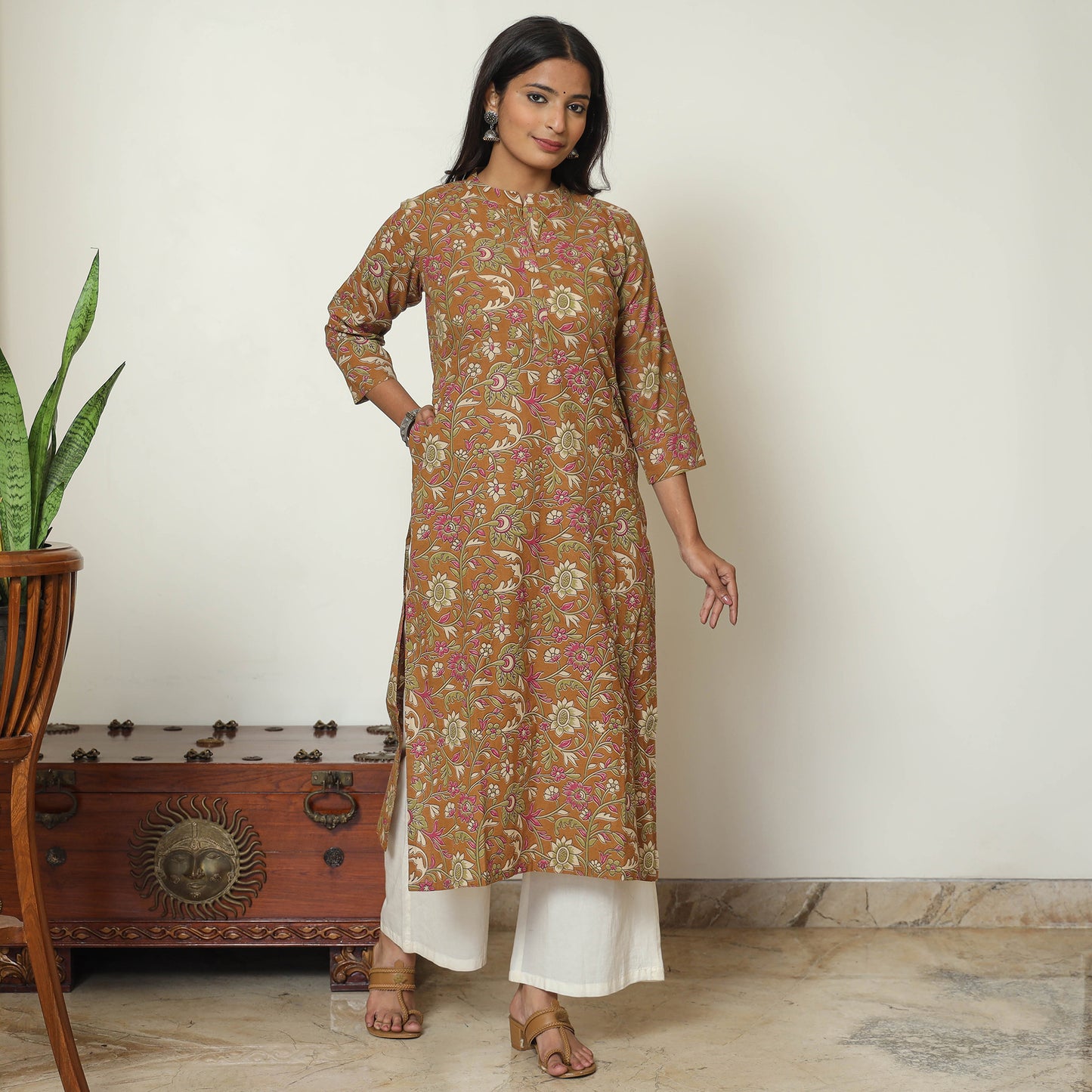 Brown - Kalamkari Printed Cotton Straight Kurta 16