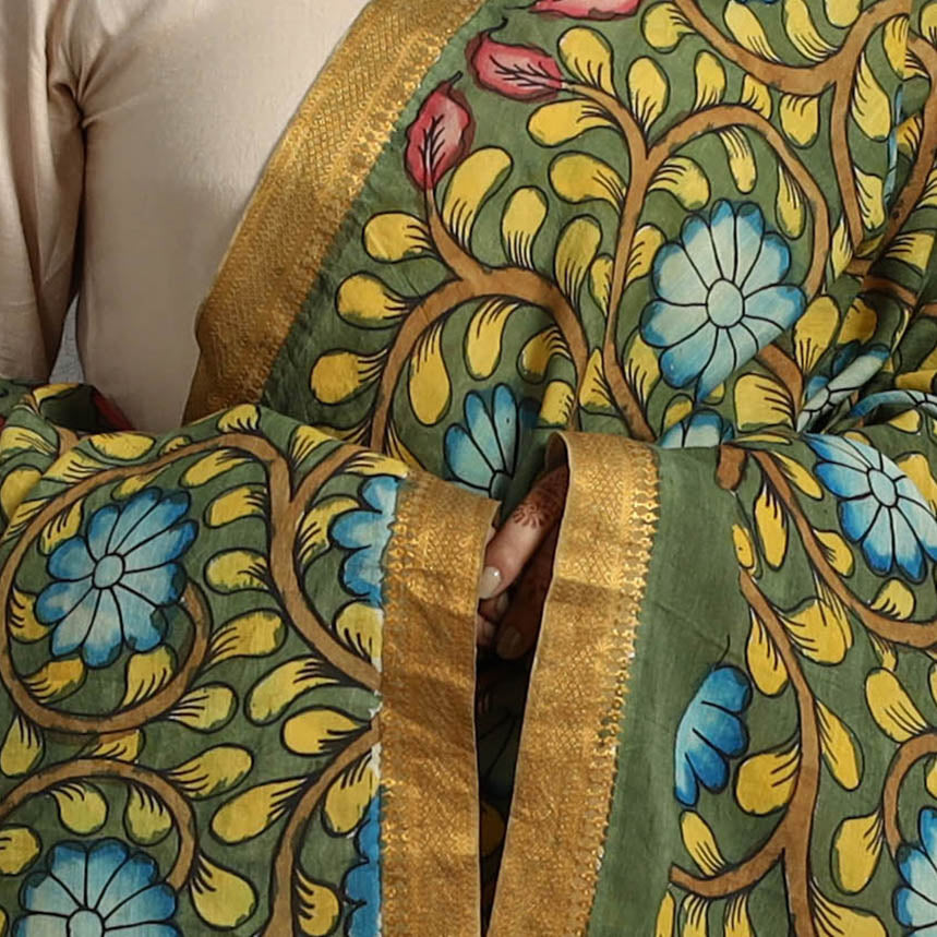 Green - Chanderi Silk Srikalahasti Handpainted Pen Kalamkari Dupatta 74