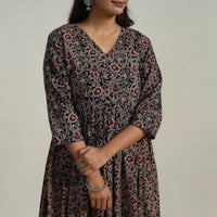 Black - Flared Cotton Block Print Kalamkari Kurta Set 18