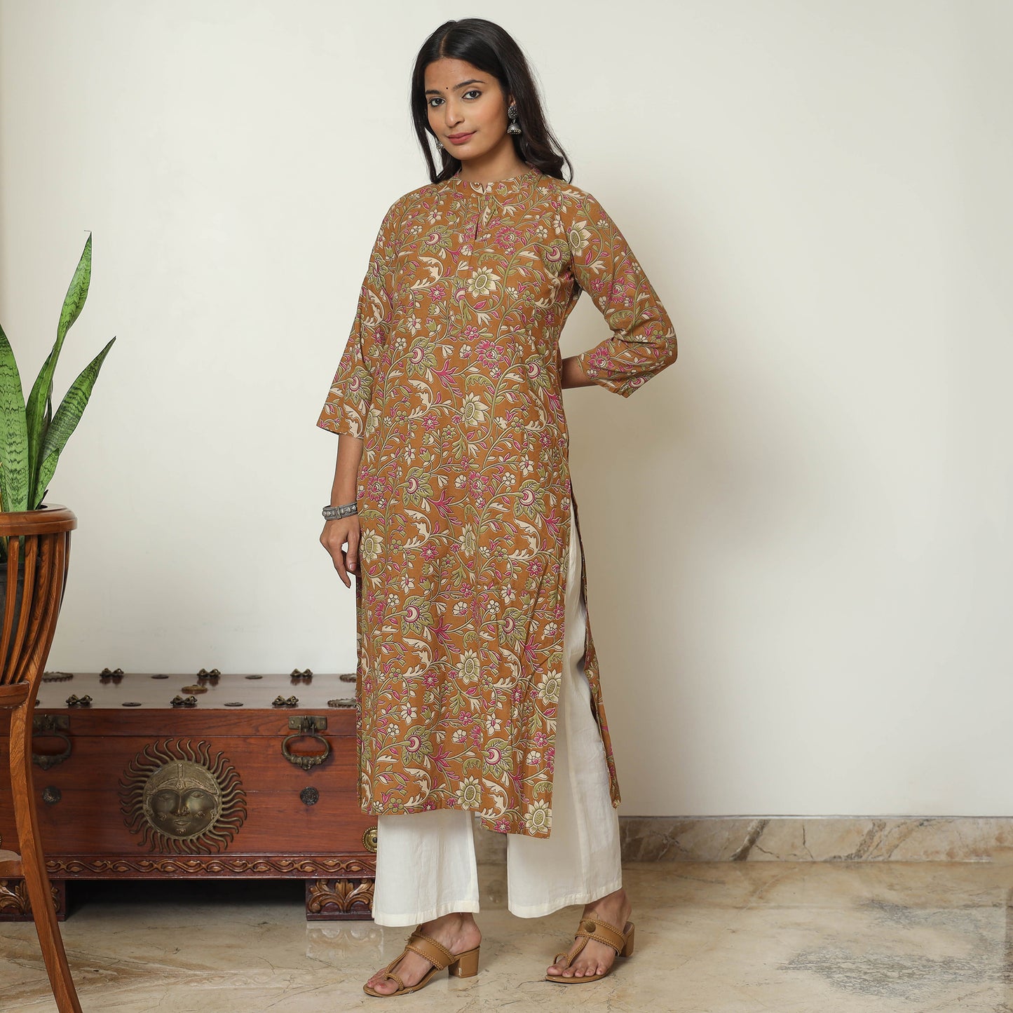 Brown - Kalamkari Printed Cotton Straight Kurta 16