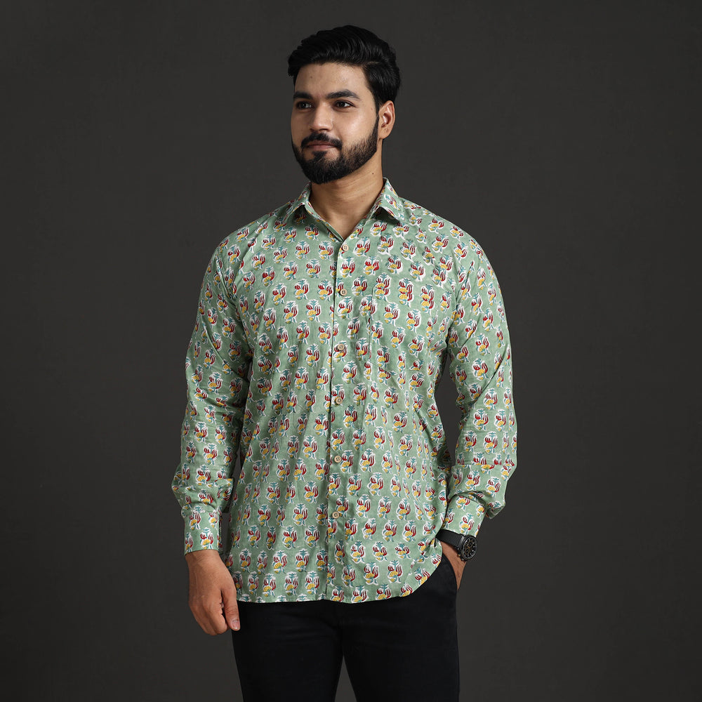 Green - Sanganeri Block Printed Cotton Men Full Sleeve Shirt 09