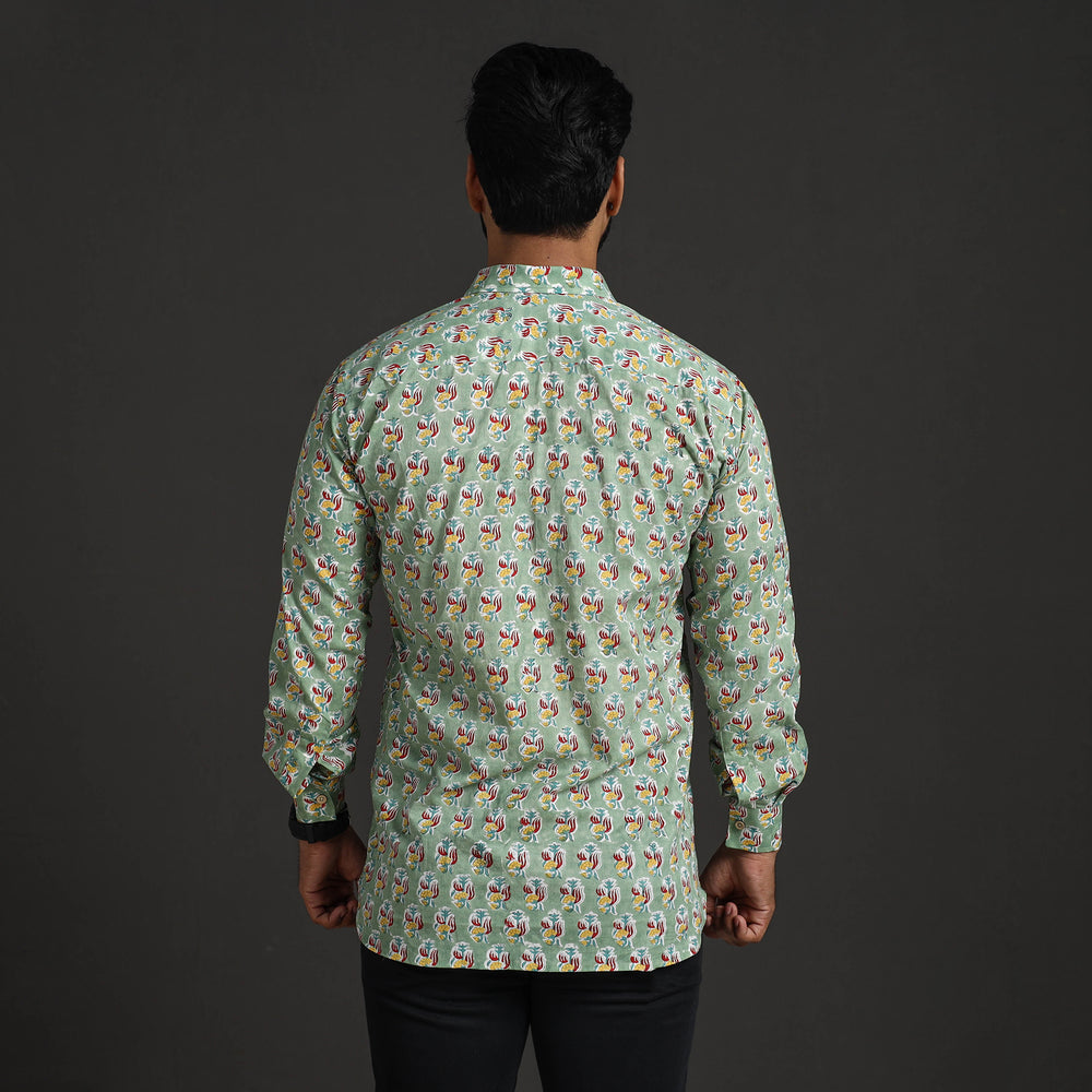 Green - Sanganeri Block Printed Cotton Men Full Sleeve Shirt 09