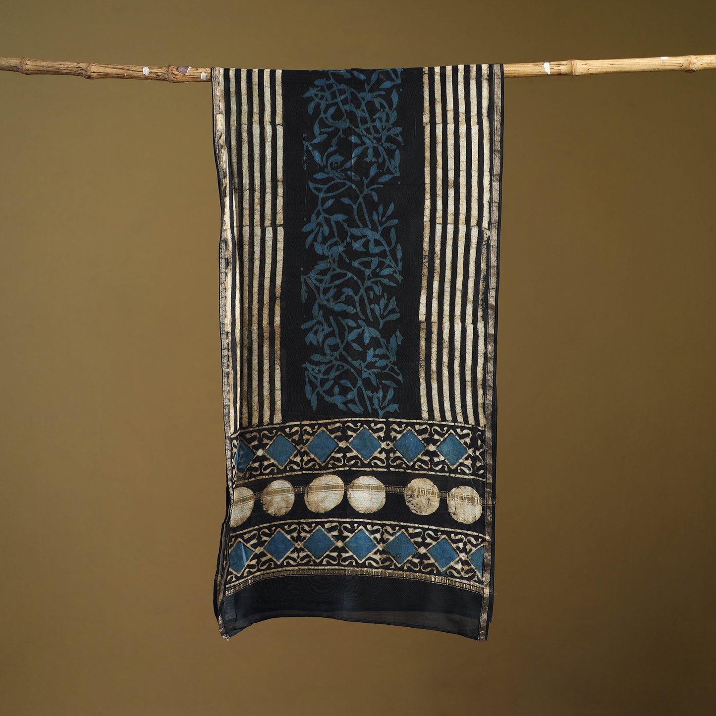 Black - Pipad Hand Block Print Natural Dyed Chanderi Silk Handloom Stole 03
