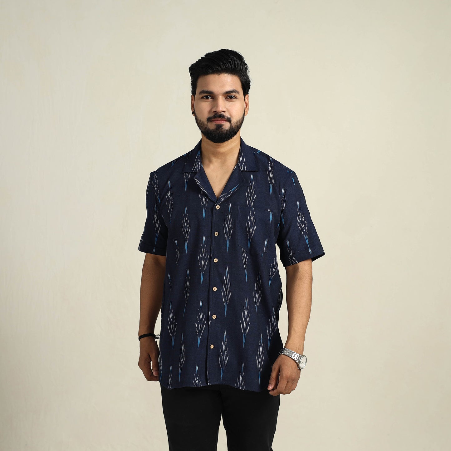 Blue - Half Sleeve Men Cotton Pochampally Ikat Shirt 03