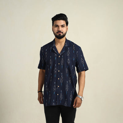 Blue - Half Sleeve Men Cotton Pochampally Ikat Shirt 03