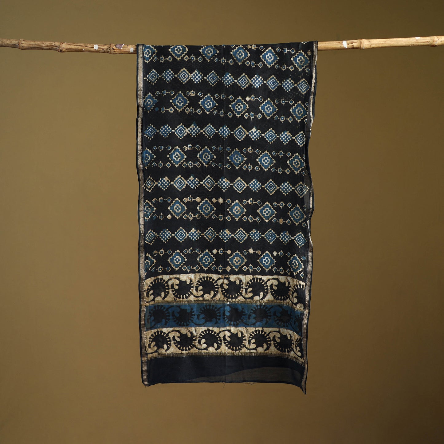 Black - Pipad Hand Block Print Natural Dyed Chanderi Silk Handloom Stole 04