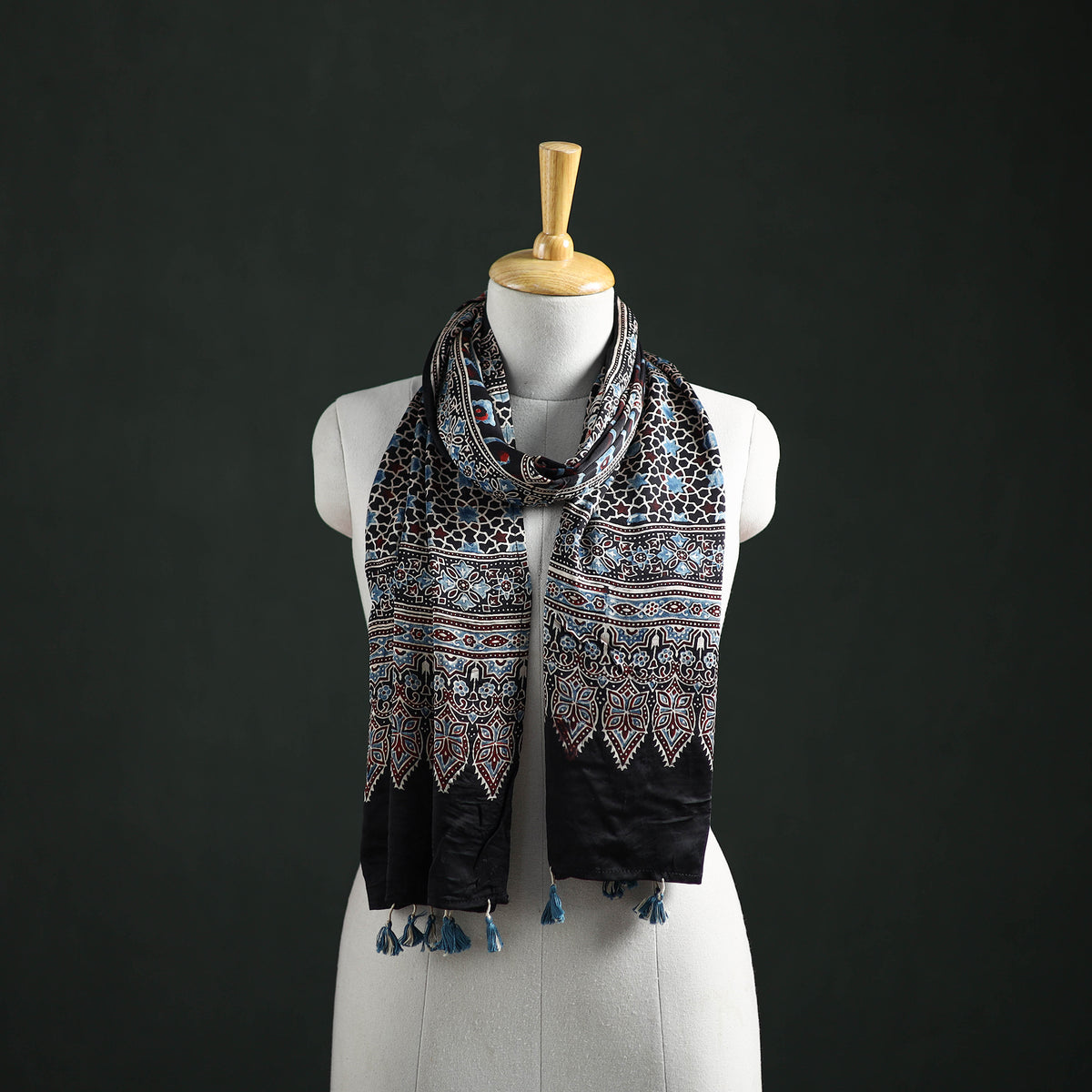 Modal Silk Ajrakh Hand Block Print Natural Dyed Stole 21