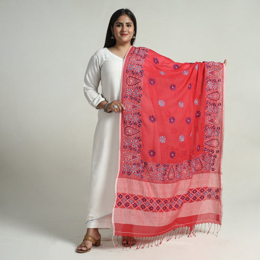 Red - Bengal Kantha Embroidery Cotton Handloom Dupatta 96