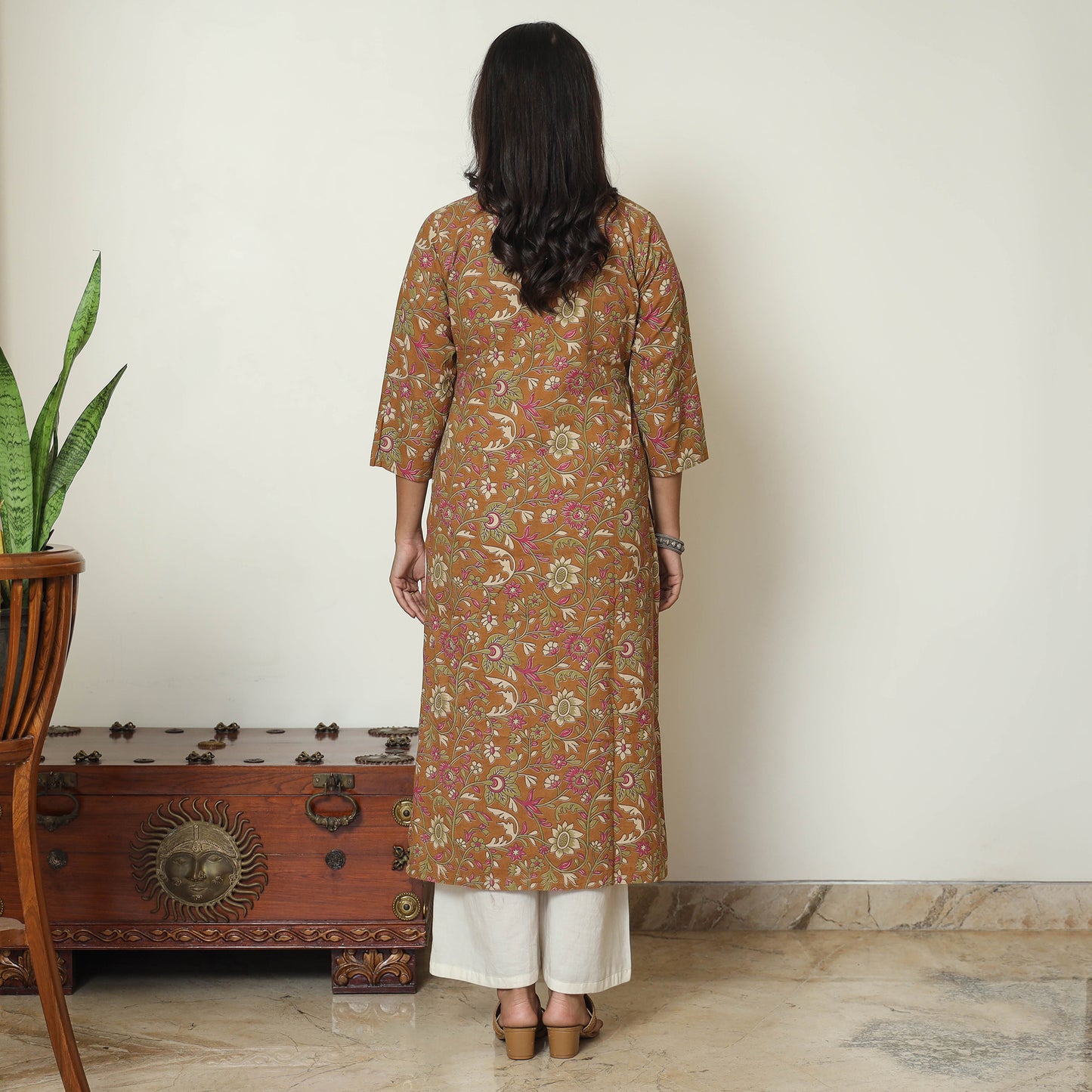 Brown - Kalamkari Printed Cotton Straight Kurta 16