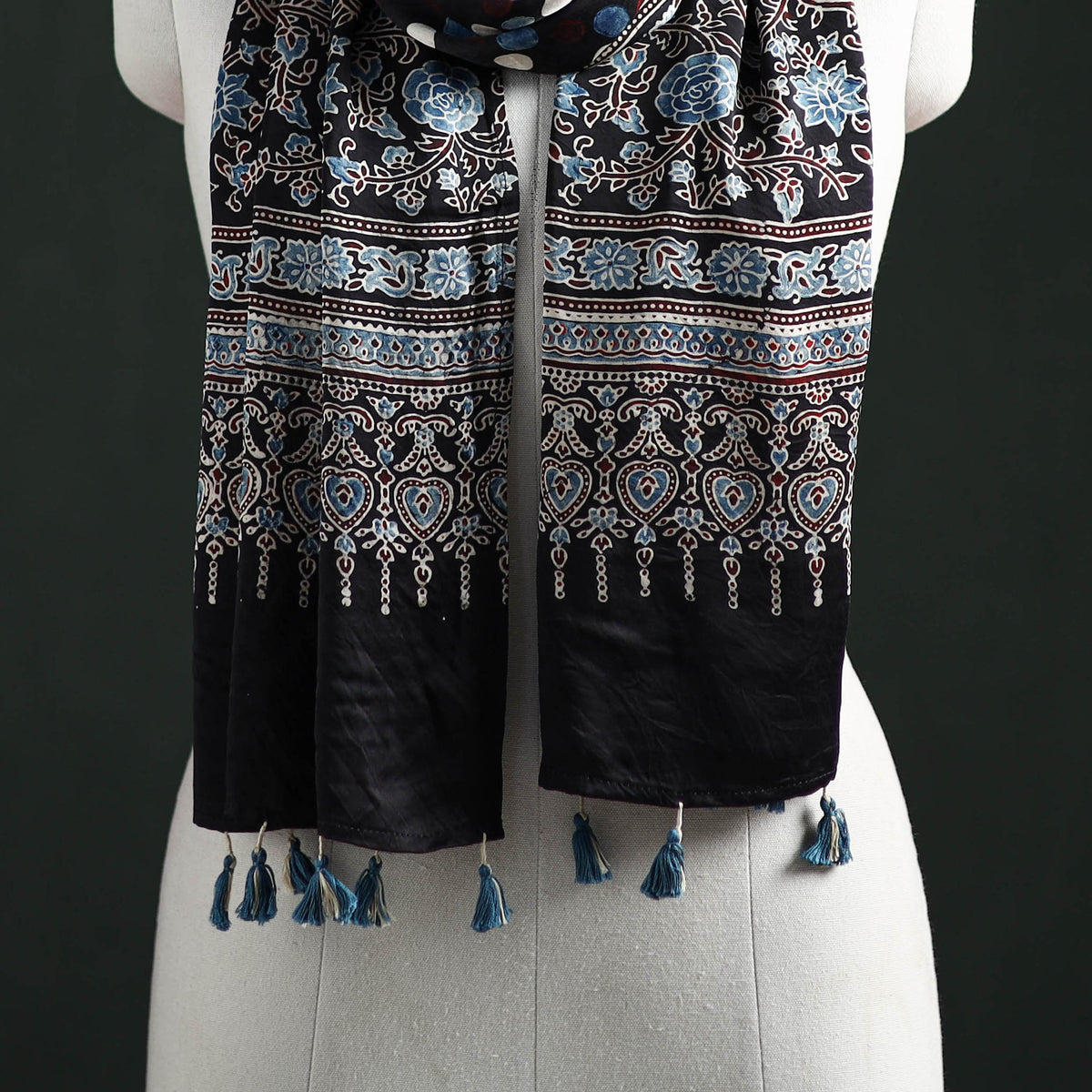Modal Silk Ajrakh Hand Block Print Natural Dyed Stole 22