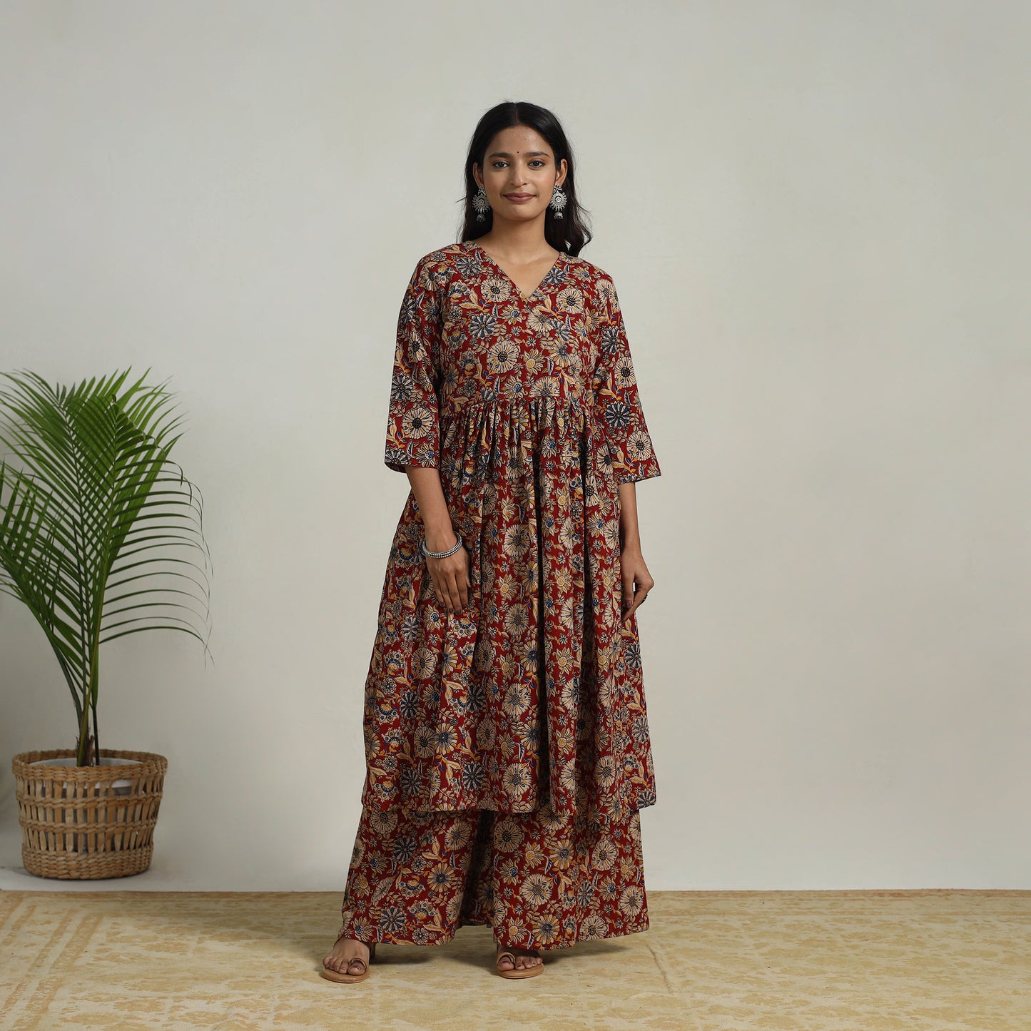 Red - Flared Cotton Block Print Kalamkari Kurta Set 11