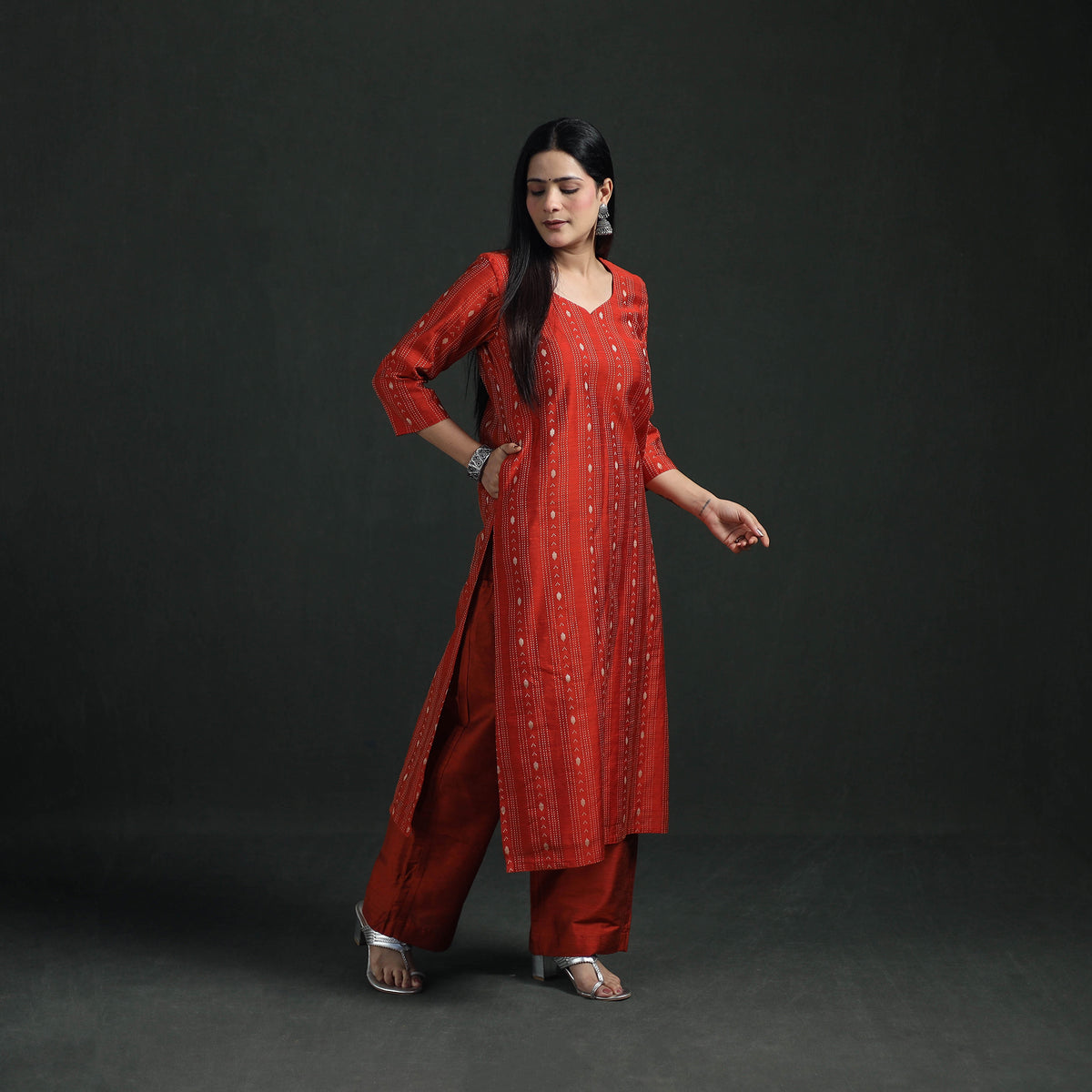 Spun Dupion Viscose Silk Thread Buti Straight Kurta with Palazzo Set for women 05
