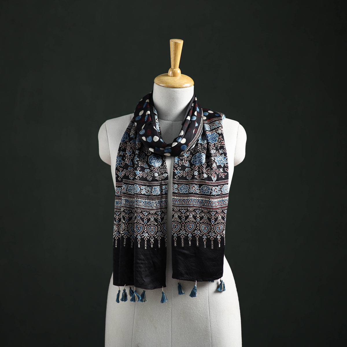 Modal Silk Ajrakh Hand Block Print Natural Dyed Stole 22