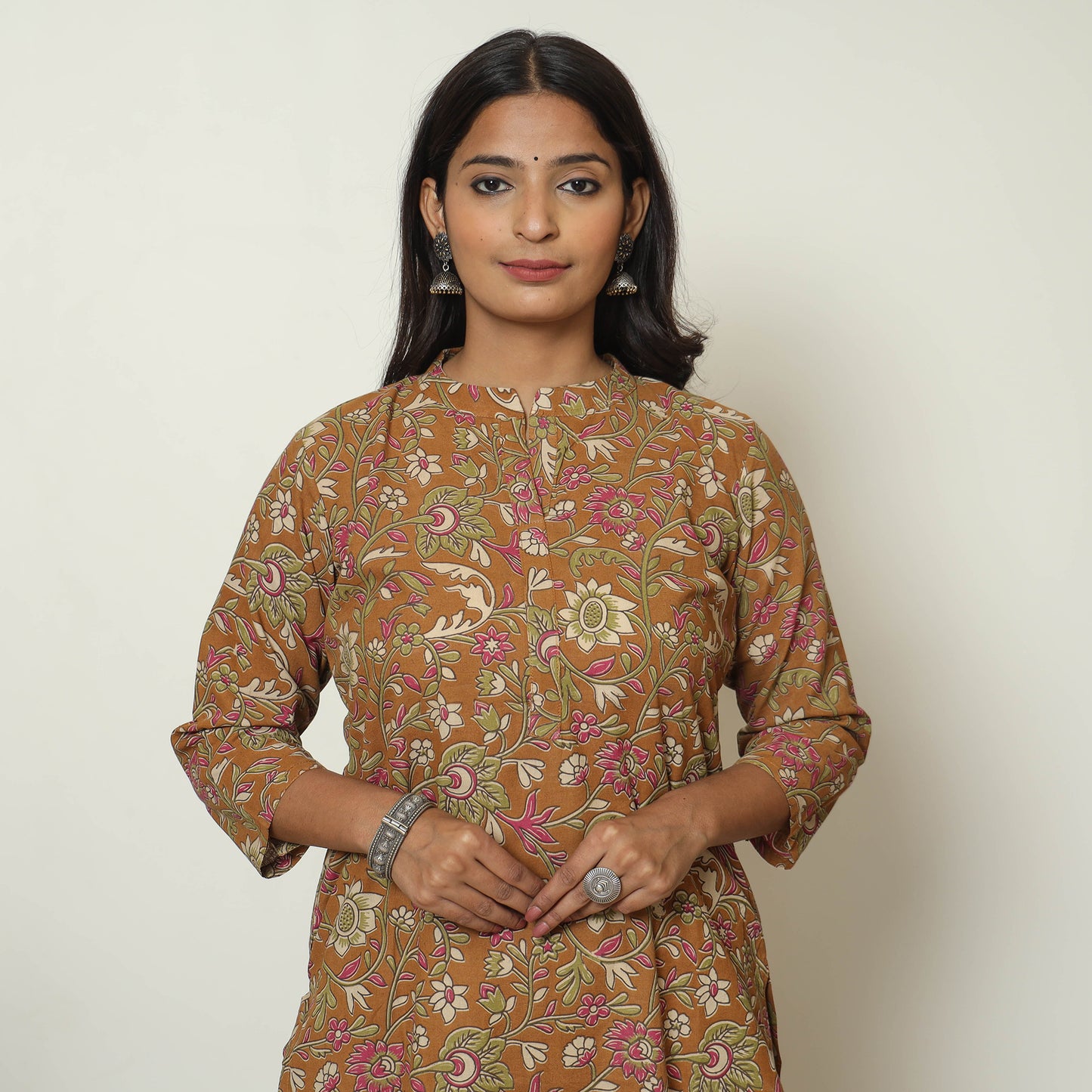 Brown - Kalamkari Printed Cotton Straight Kurta 16