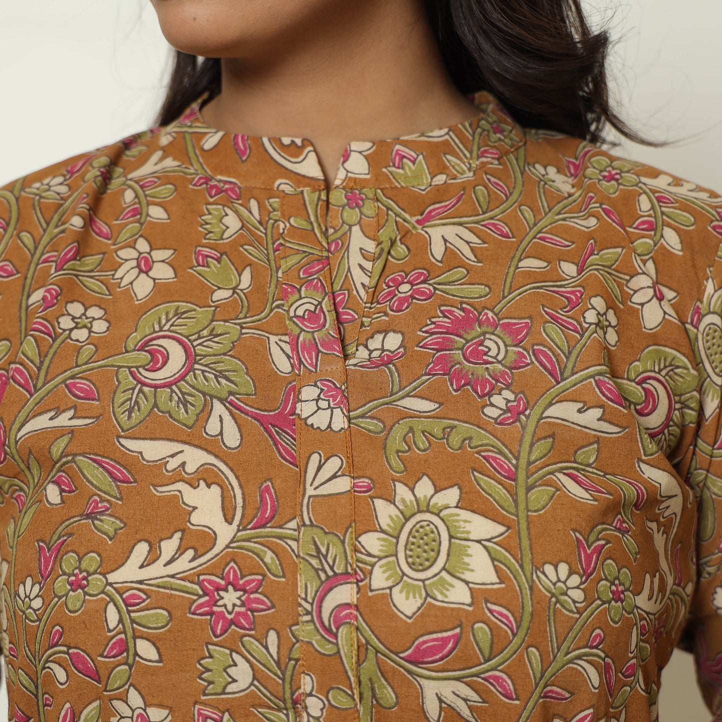 Brown - Kalamkari Printed Cotton Straight Kurta 16