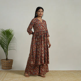 Buy Red Flared Cotton Block Print Kalamkari Kurta Set