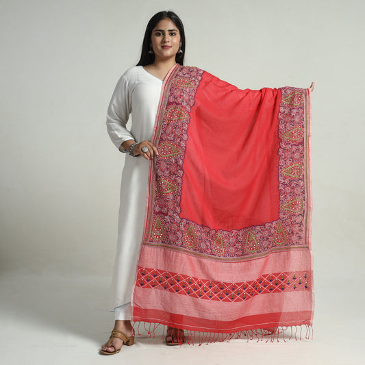 Red - Bengal Kantha Embroidery Cotton Handloom Dupatta 97