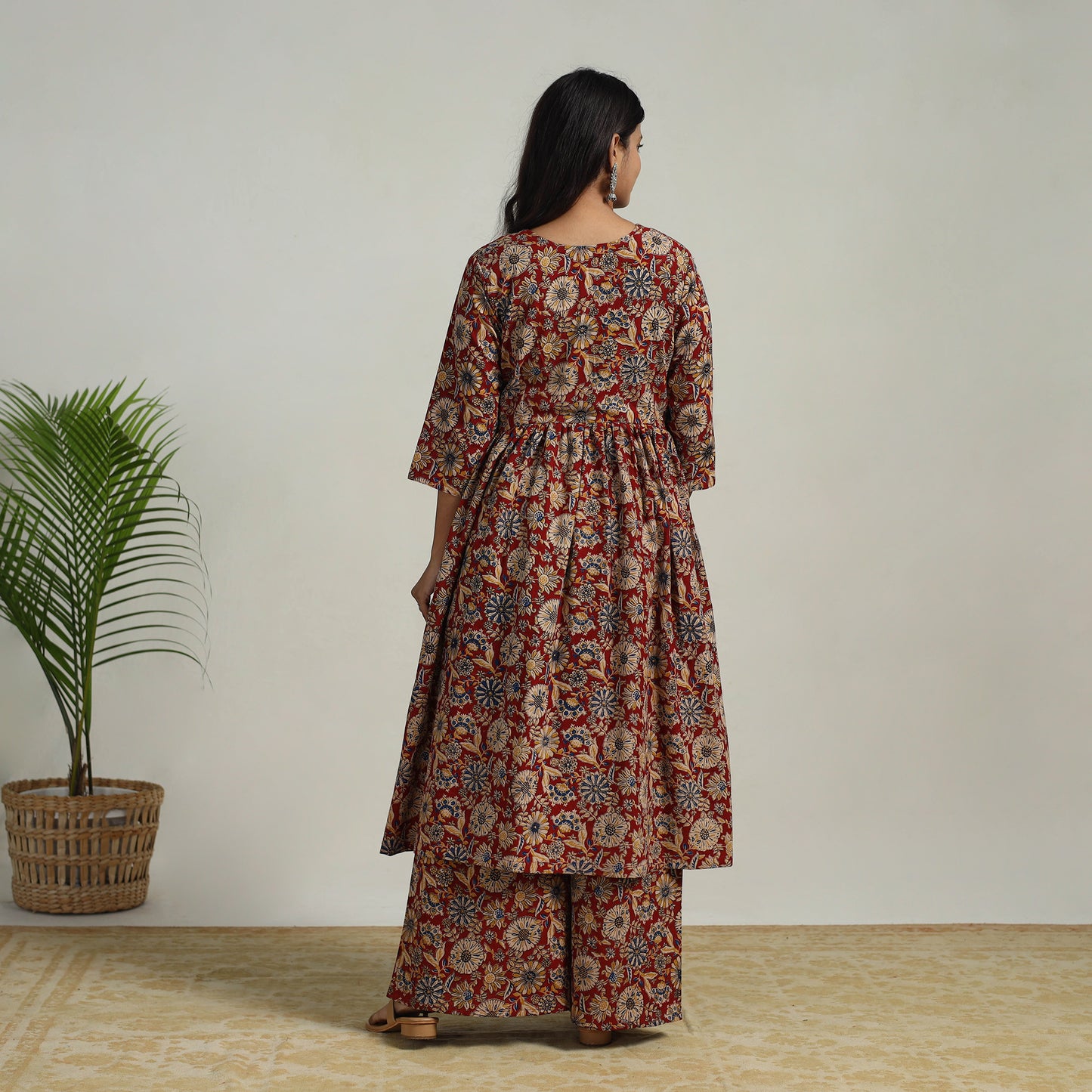 Red - Flared Cotton Block Print Kalamkari Kurta Set 11