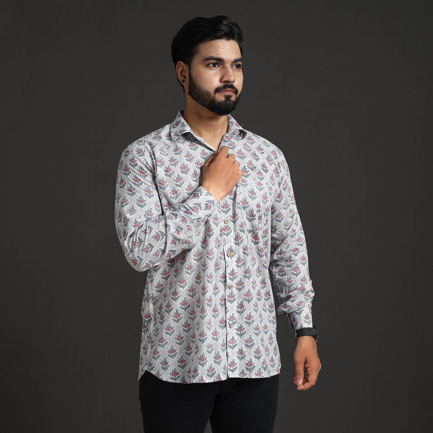 Grey - Sanganeri Block Printed Cotton Men Full Sleeve Shirt 10