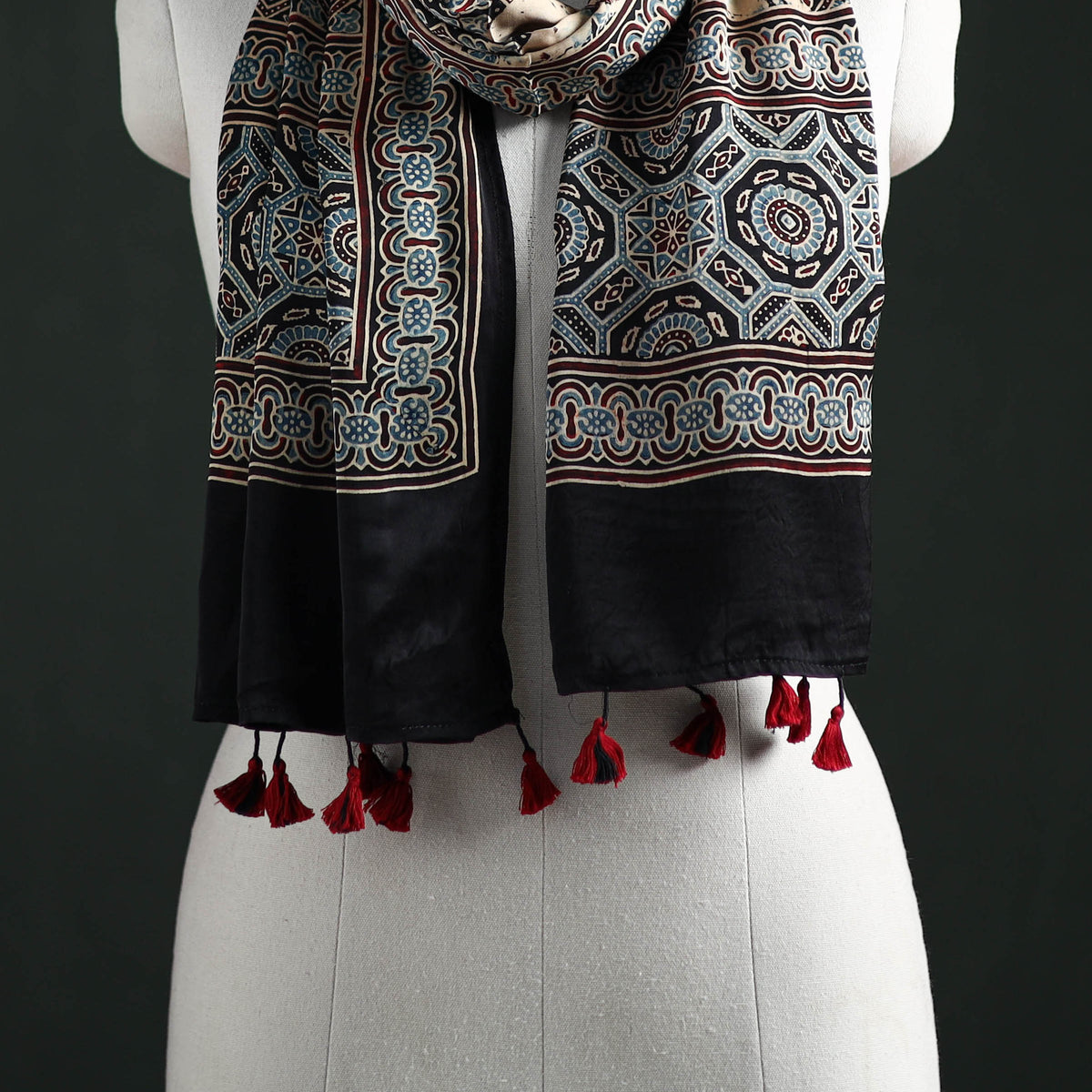 Modal Silk Ajrakh Hand Block Print Natural Dyed Stole 24