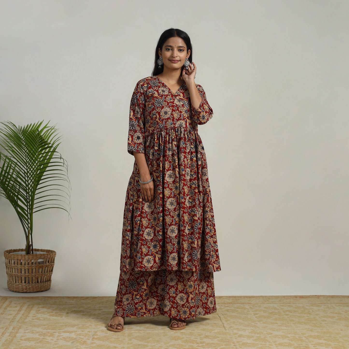 Red - Flared Cotton Block Print Kalamkari Kurta Set 11