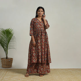 Buy Red Flared Cotton Block Print Kalamkari Kurta Set