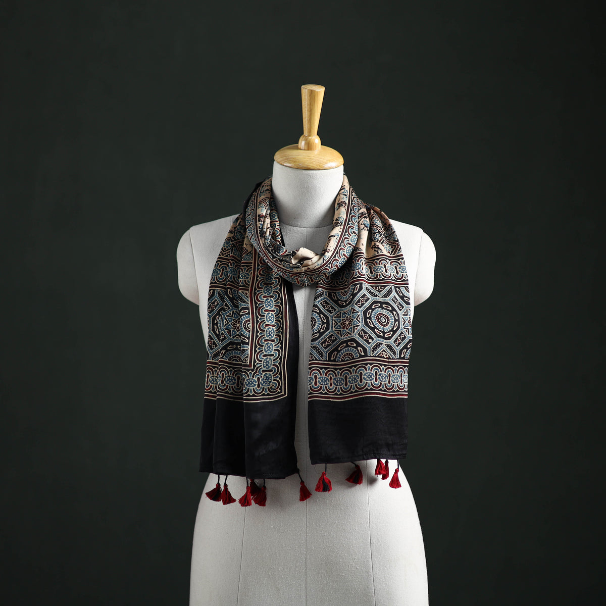 Modal Silk Ajrakh Hand Block Print Natural Dyed Stole 24