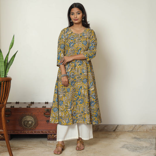 Yellow - Kalamkari Printed Cotton A-Line Kurta 17